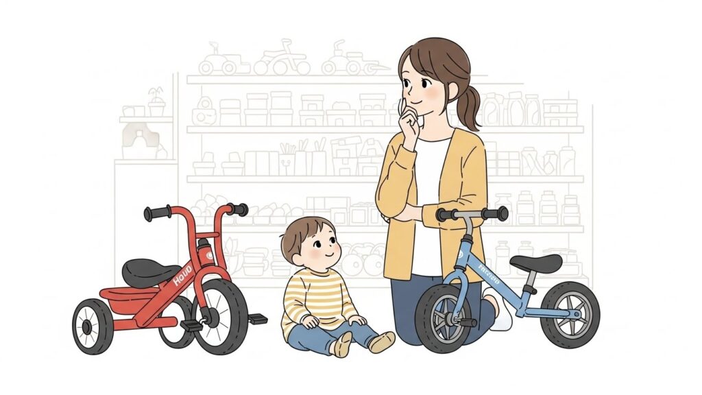 三輪車とストライダーで悩む2歳児の親のイメージ
