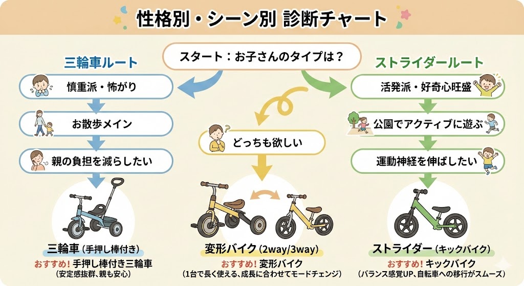 2歳の性格別・三輪車とストライダーの選び方フローチャート