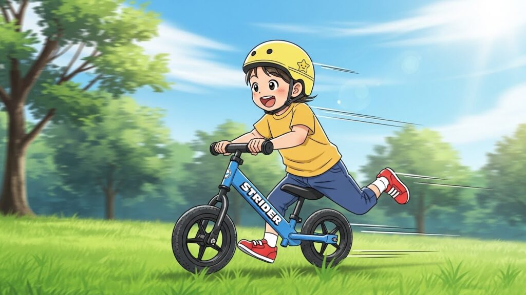 公園でストライダーに乗って楽しむ活発な2歳児（ヘルメット着用）