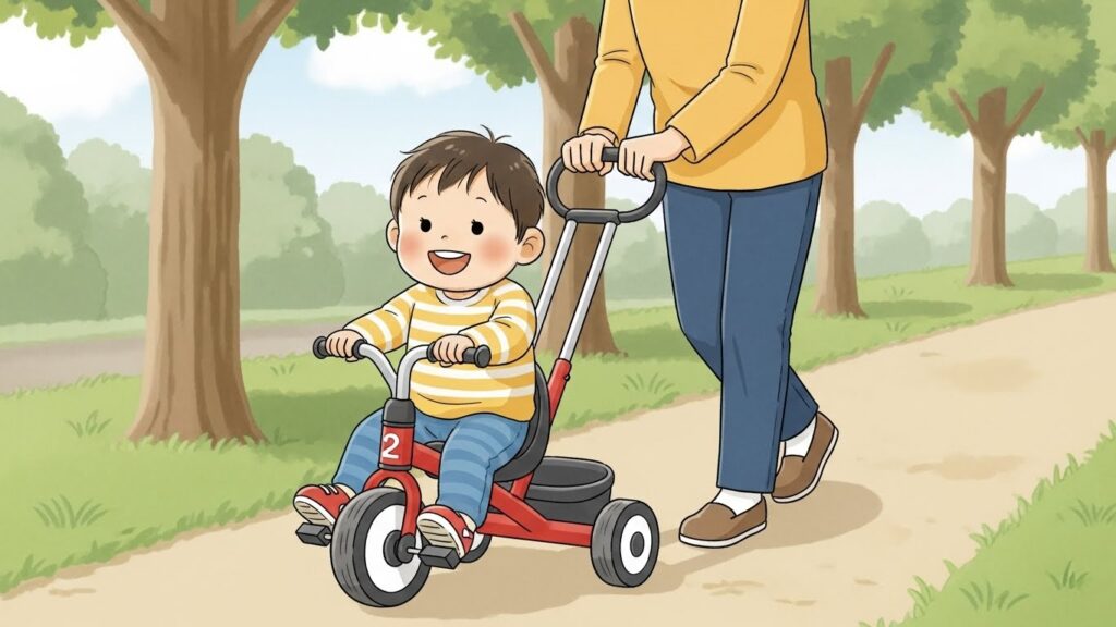 手押し棒付き三輪車で楽しそうにお散歩する2歳児と親