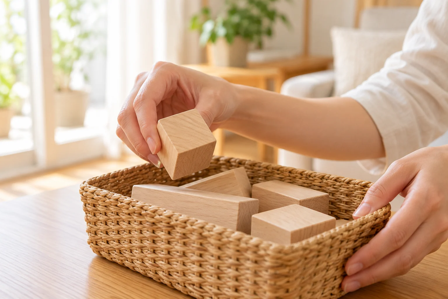 収納かごから無地の木製積み木を取り出す大人の手元のイメージ