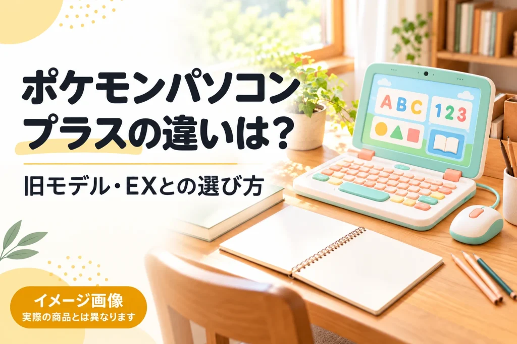 学習用おもちゃパソコンを表したイメージと、ポケモンパソコンプラス・旧モデル・EXの比較記事タイトル。実際の商品とは異なります。
