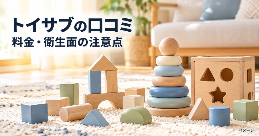 木製の積み木やリング玩具を並べたトイサブ口コミ記事のイメージ